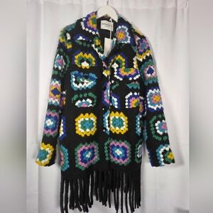NWT The Faery Whispers Granny Square Crochet Fringe Boho Jacket UK XL  US L